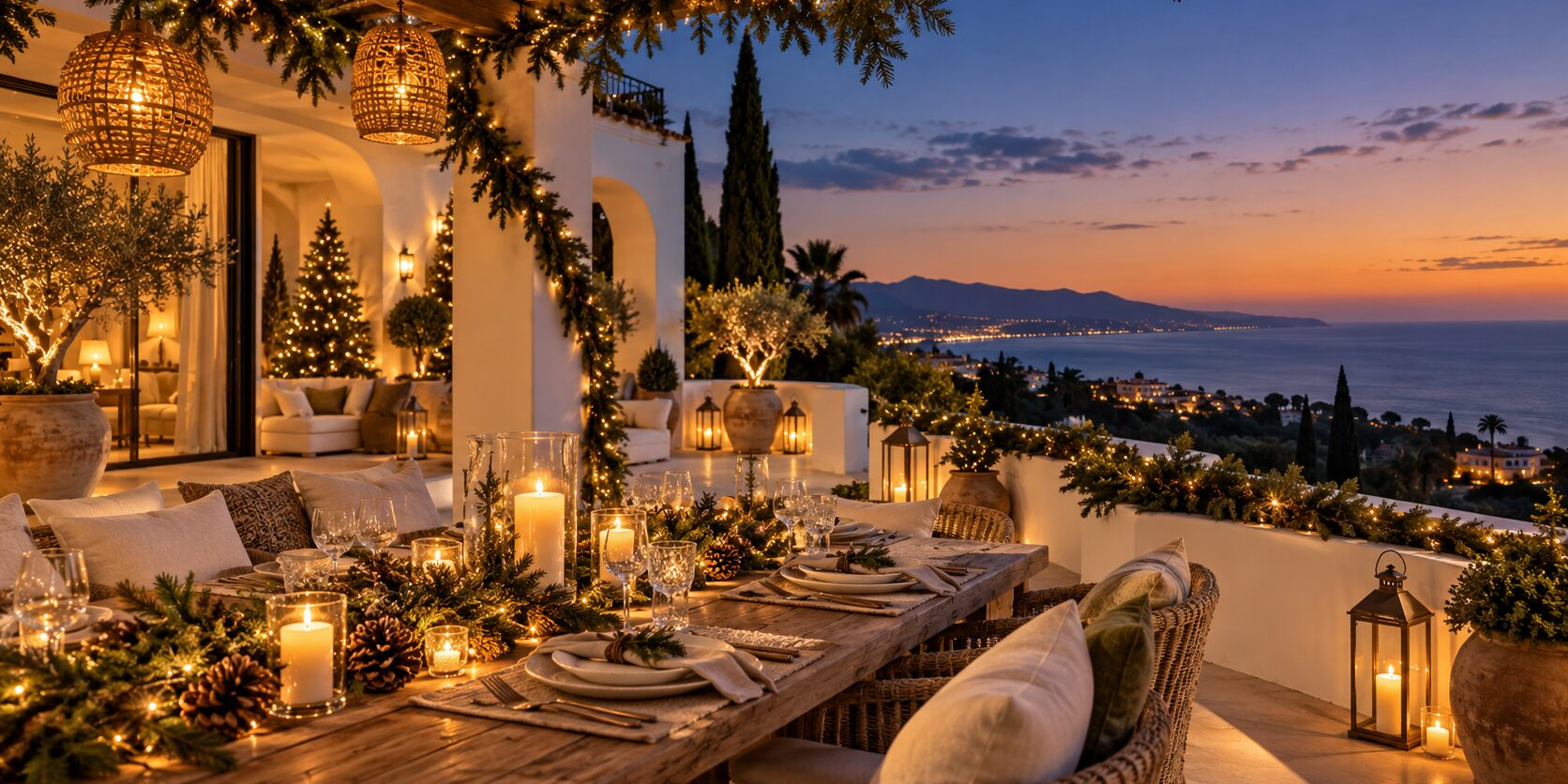 Terraza de una villa mediterránea decorada para Navidad; ilustración generada con IA.
