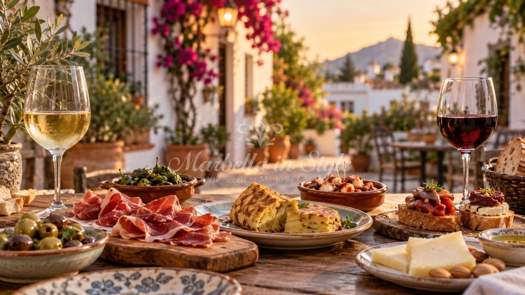 AI-generated illustration of tapas and wine on a table in an Andalusian courtyard.